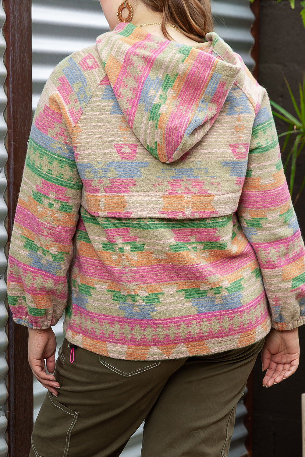 Multicolor Plus Size Western Aztec Geometric Pattern Zip up Hoodie