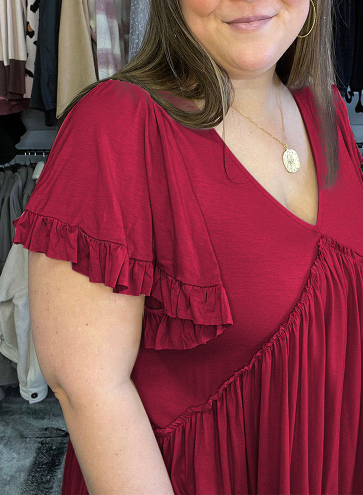 Fiery Red Plus Size V Neck Ruffle Sleeve Peplum Blouse