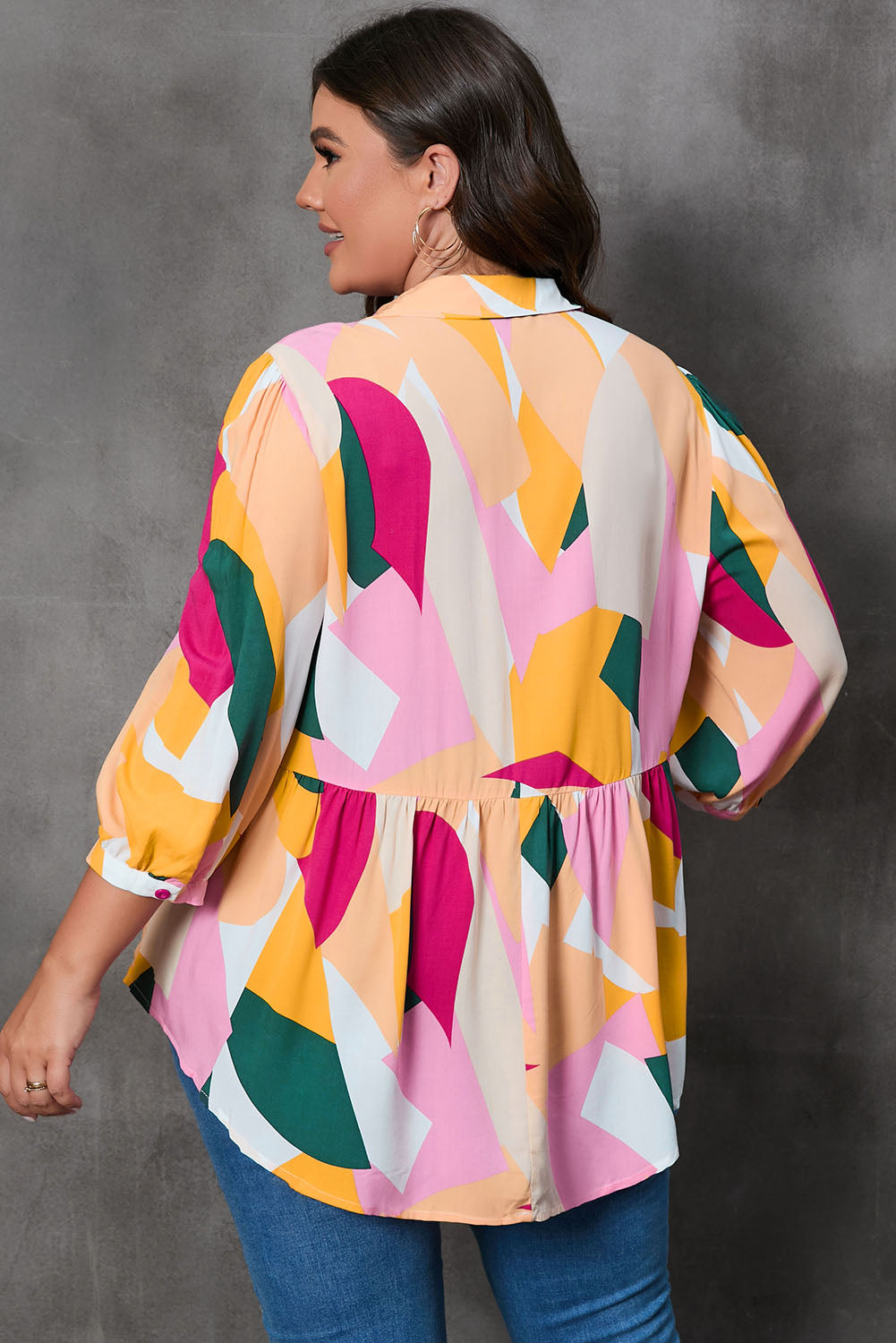 Ginger Plus Size Geometric Print Bracelet Sleeve Flowy Blouse