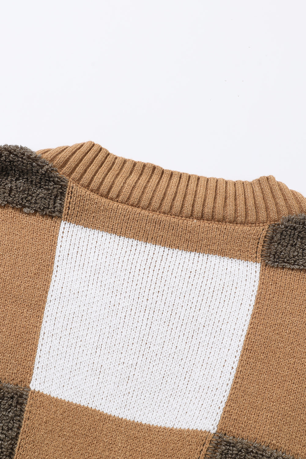 Brown Checkered Knit Ribbed Trim Buttoned Plus Cardigan