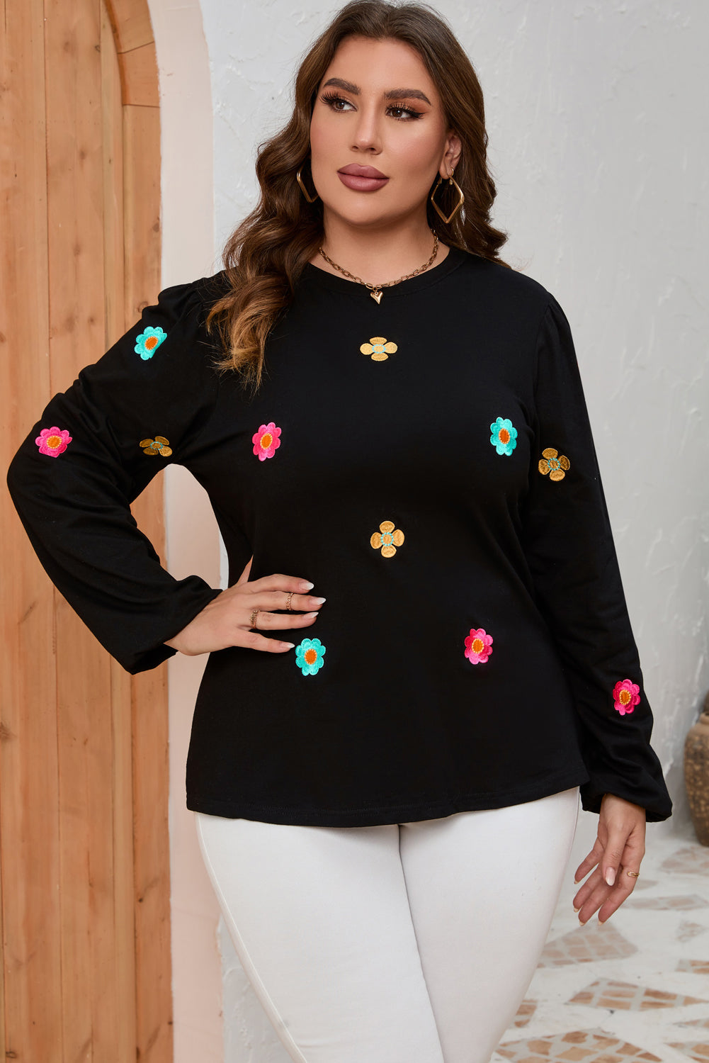 Black Plus Size Flower Embroidered Puff Sleeve Top