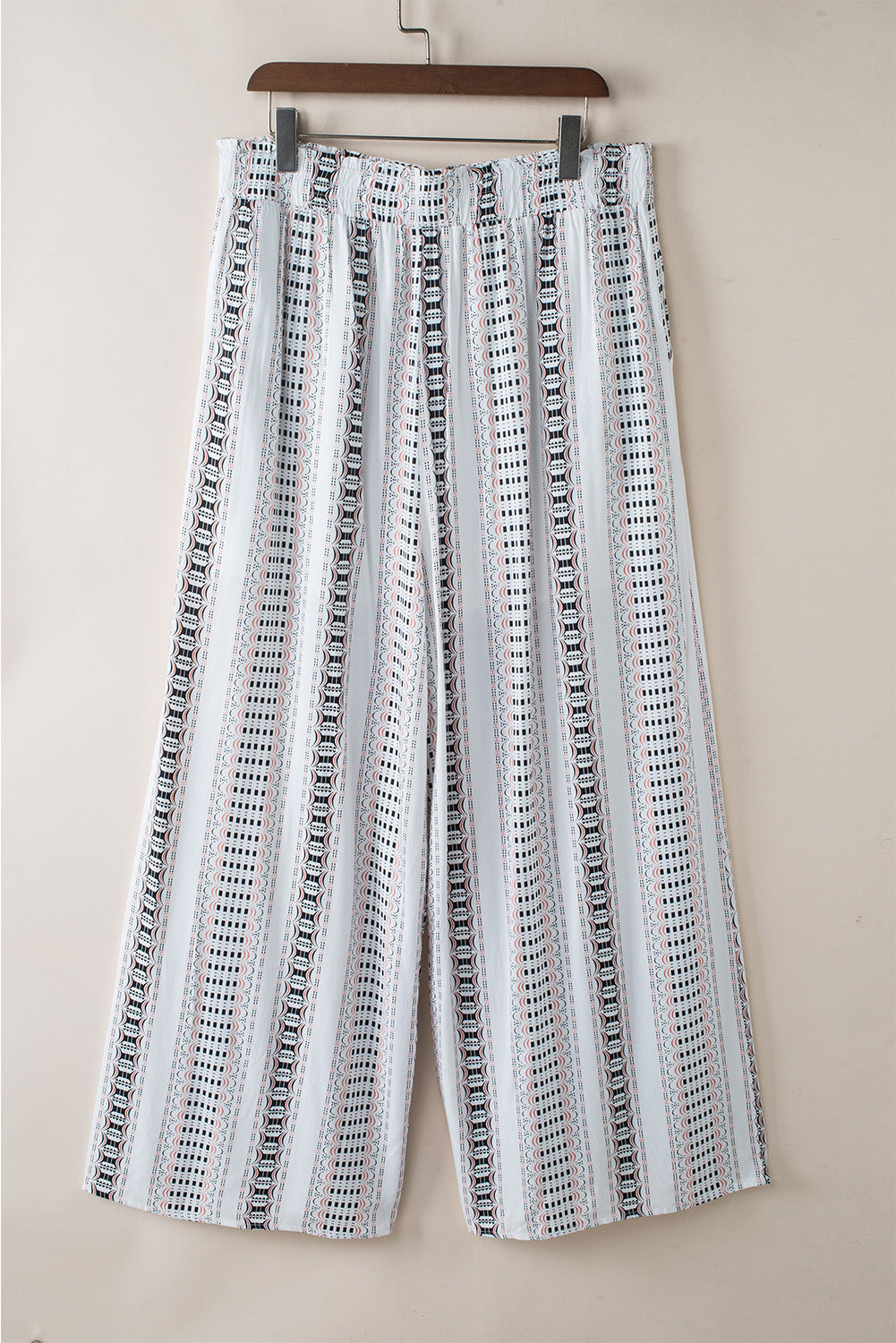 White Geometric Pattern Shirred Wide Leg Plus Size Pants