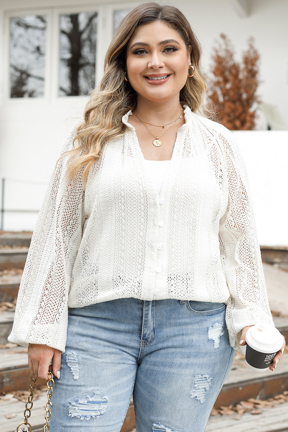 White Plus Size Lace Hollow Out V-Neck Button Up Shirt