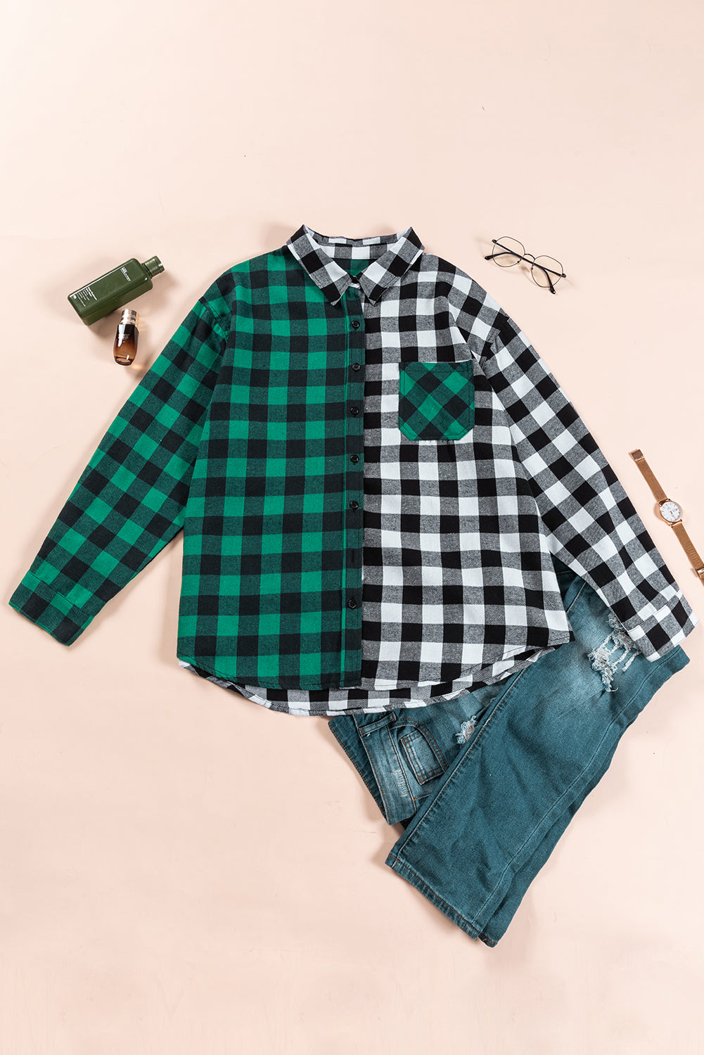 Sea Green Plaid Color Block Buttoned Plus Size Shacket