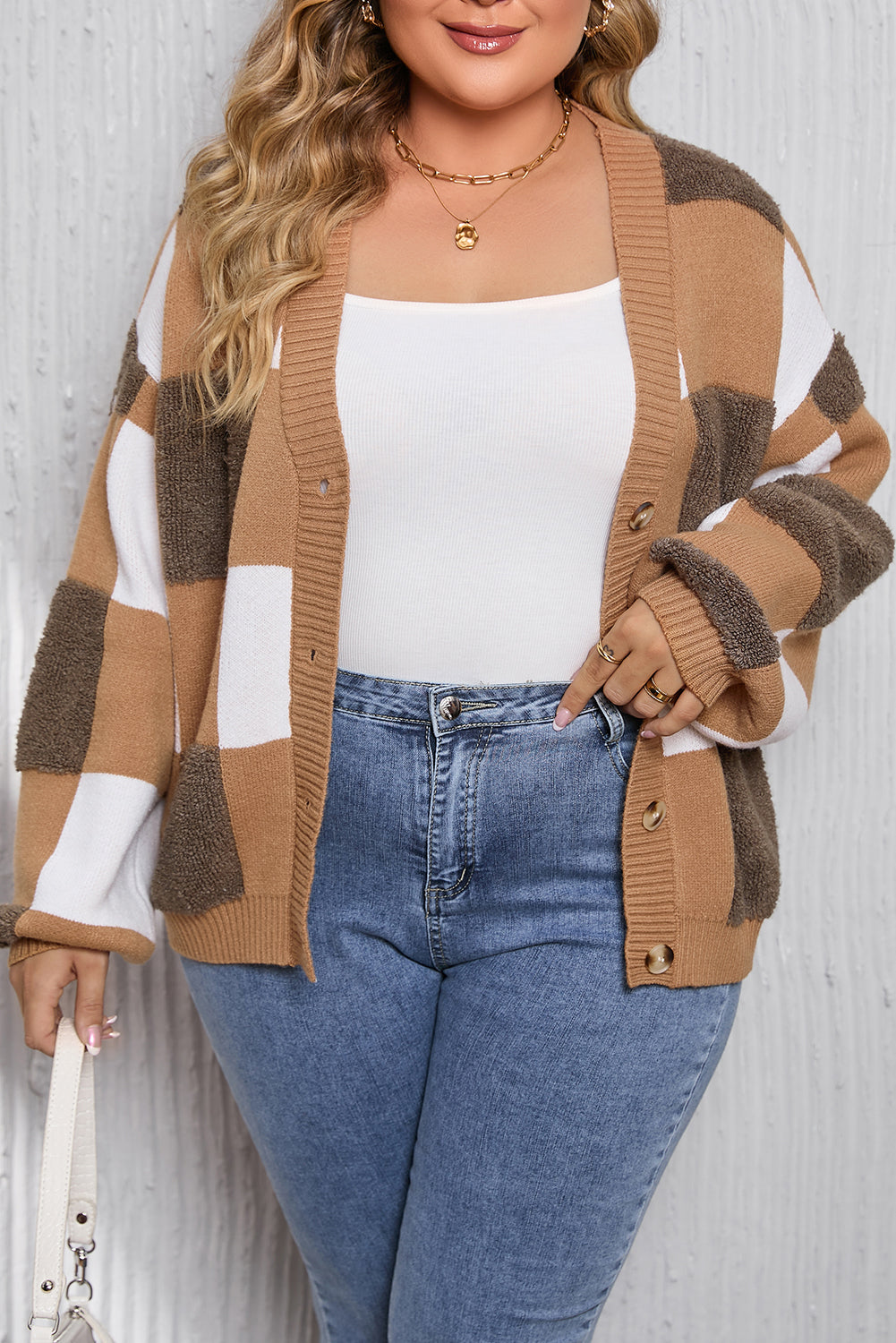 Brown Checkered Knit Ribbed Trim Buttoned Plus Cardigan