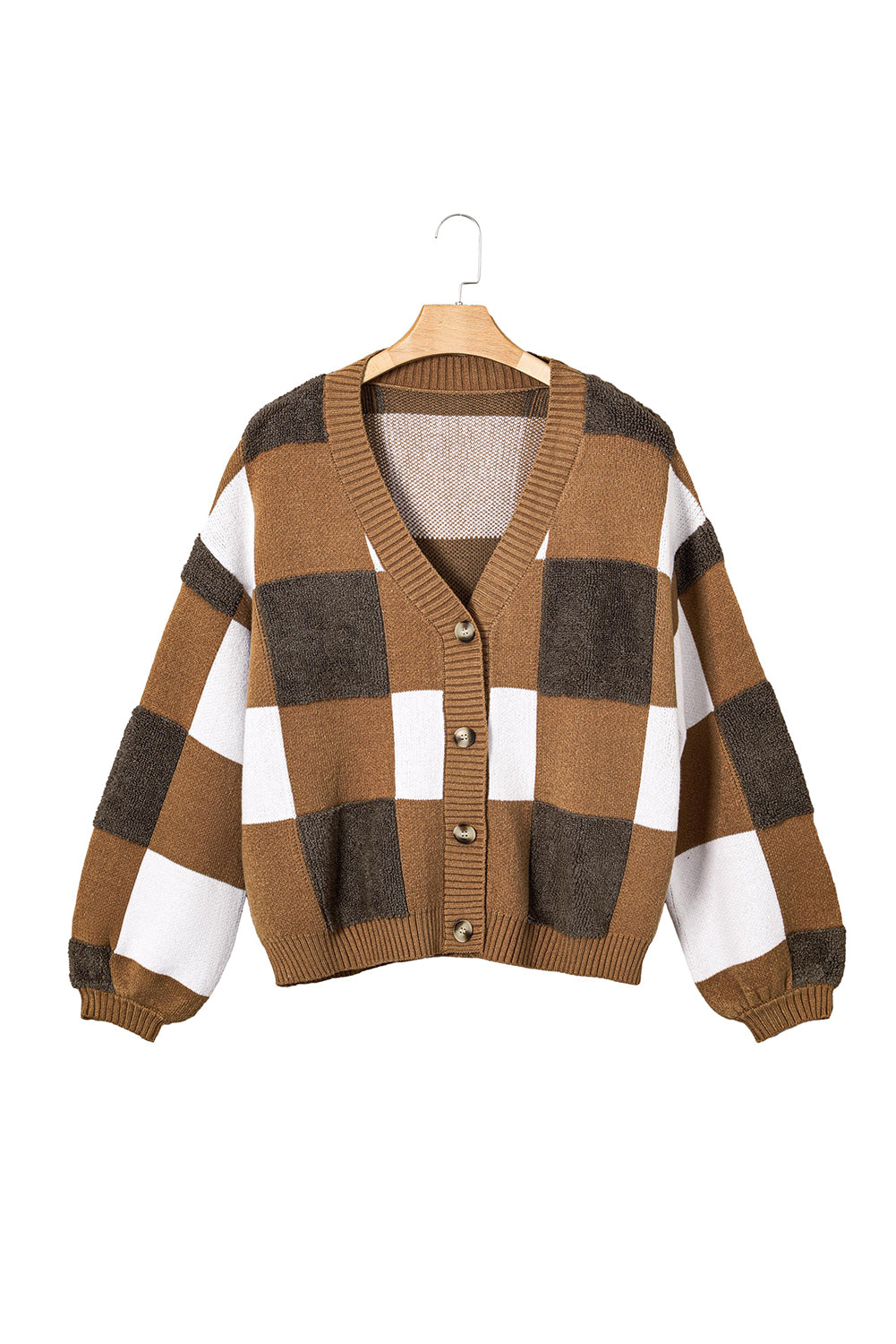 Brown Checkered Knit Ribbed Trim Buttoned Plus Cardigan