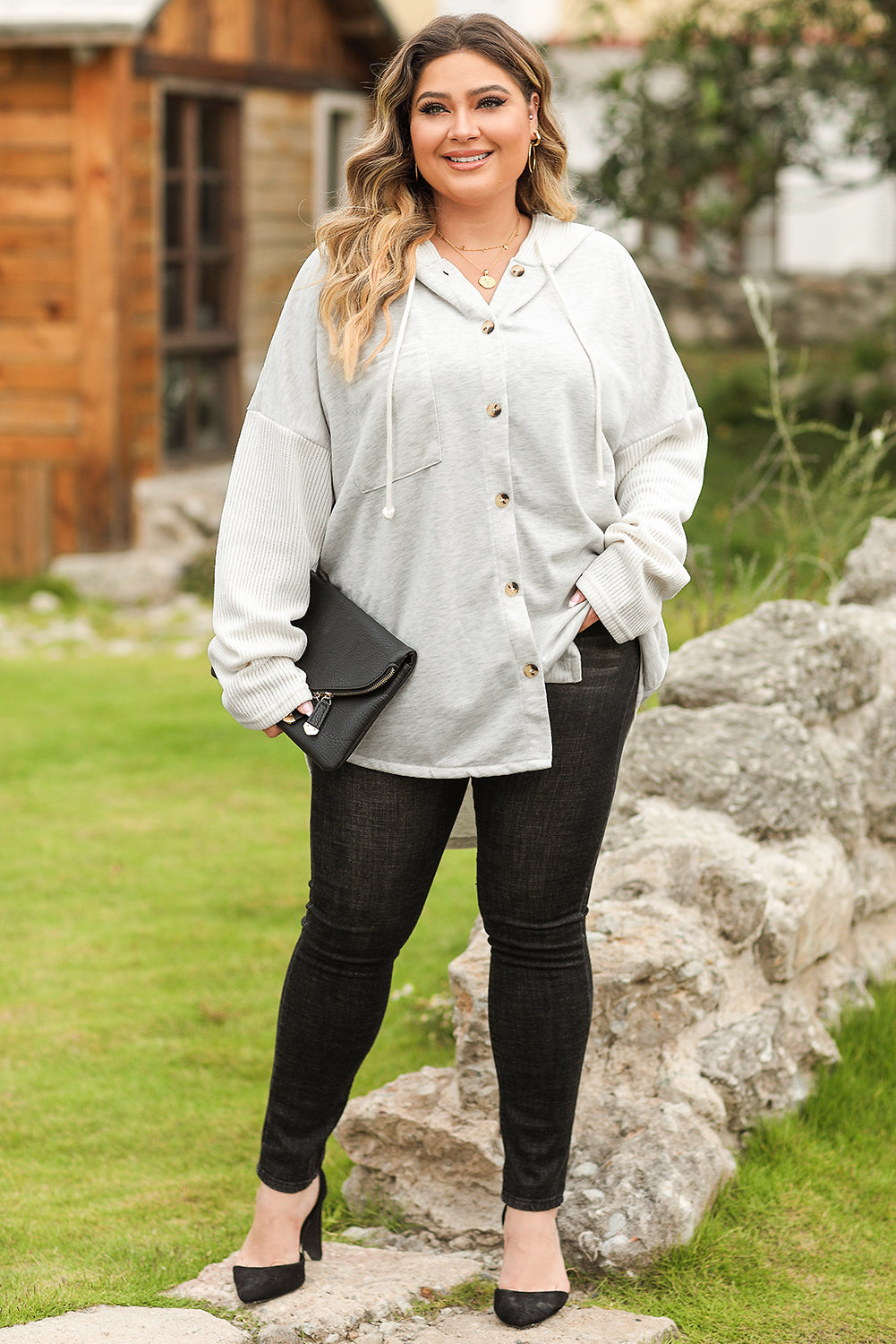 Gray Contrast Knitted Sleeves Plus Size Hoodie
