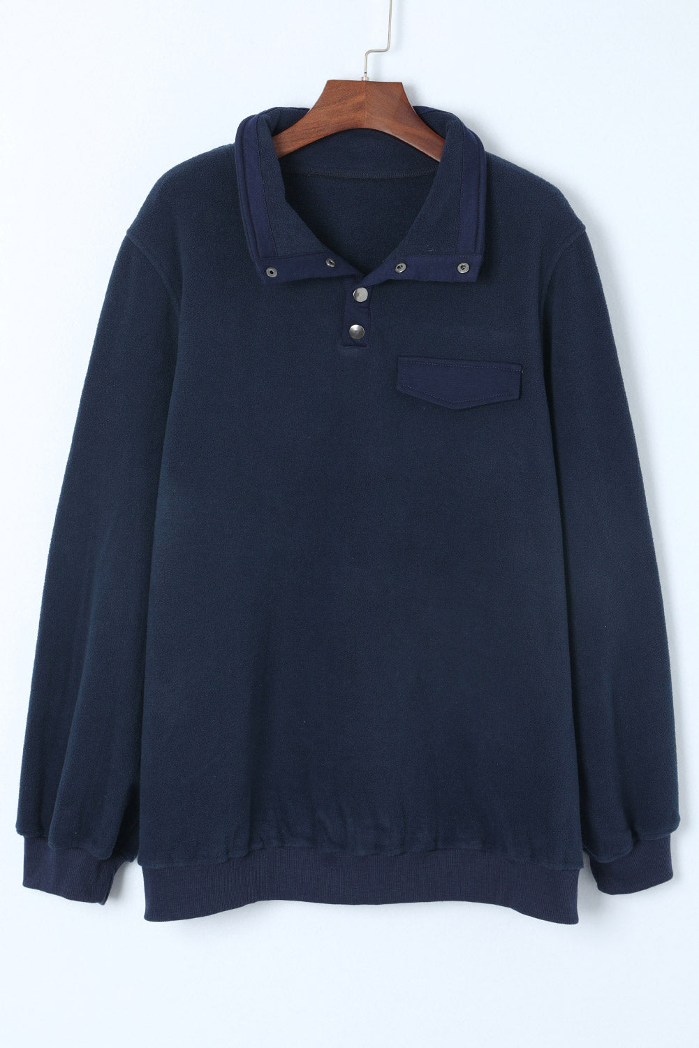 Blue Snap Buttons Pullover Plus Size Fleece Sweatshirt
