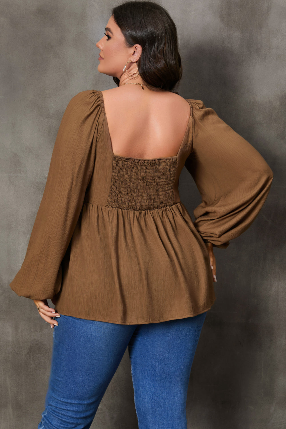 Khaki Plus Size Sweetheart Neck Long Sleeve Peplum Blouse