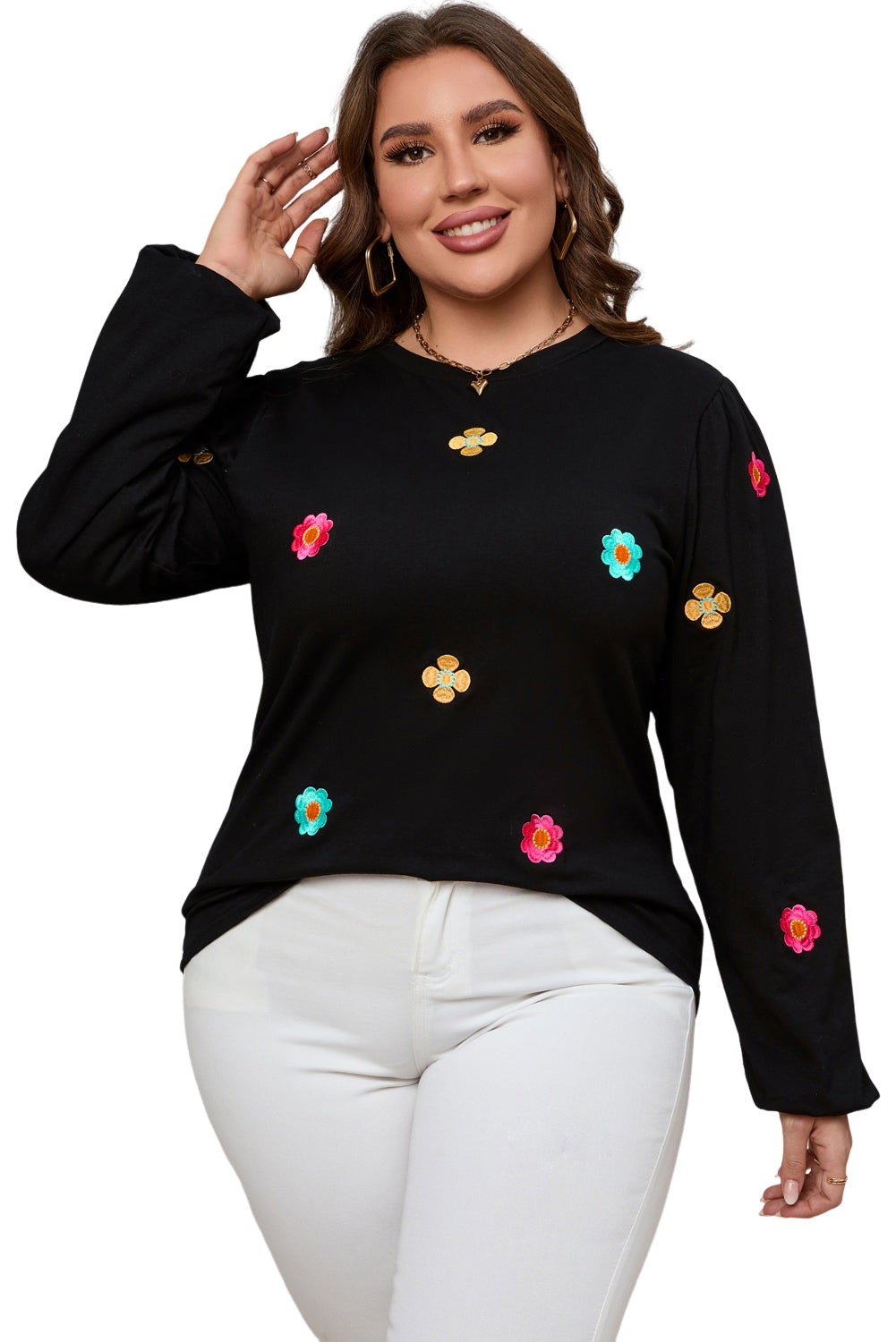 Black Plus Size Flower Embroidered Puff Sleeve Top