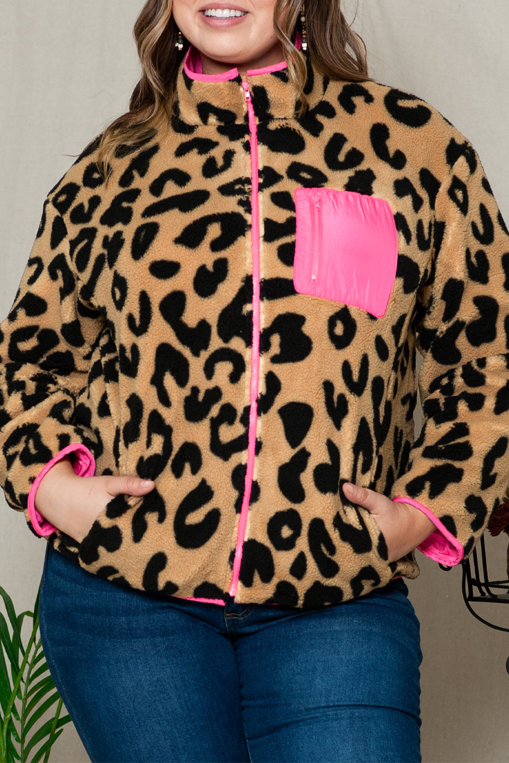 Leopard Plus Size Color Block Chest Pocket Sherpa Jacket