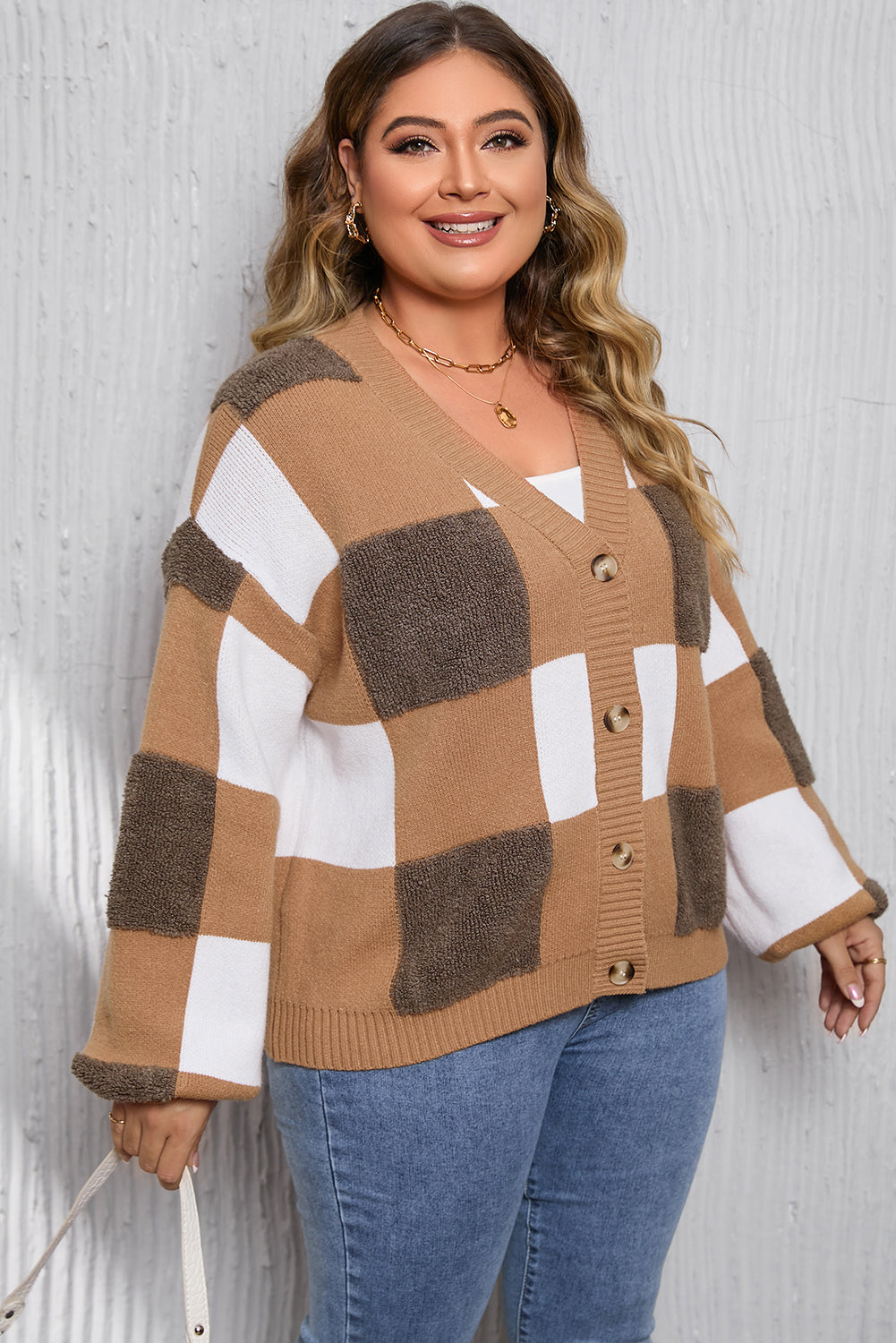 Brown Checkered Knit Ribbed Trim Buttoned Plus Cardigan