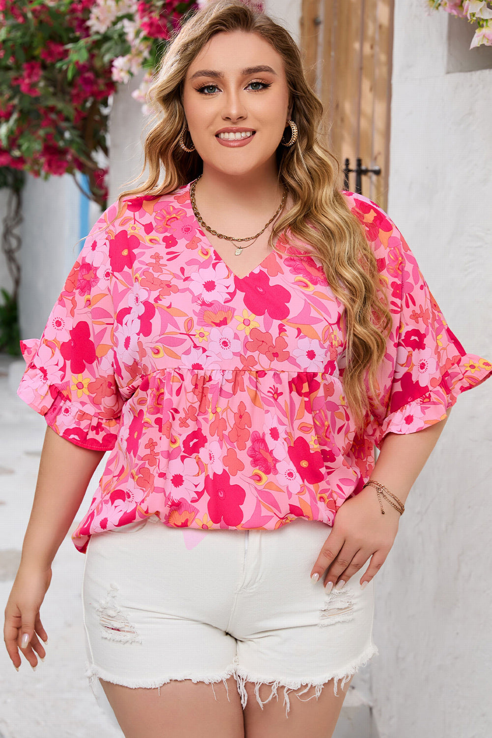 Rose Floral Print Ruffled Half Sleeve Plus Size Babydoll Blouse