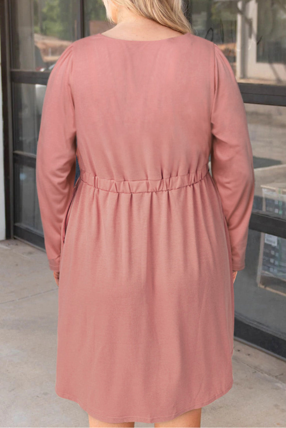 Pink Solid Button Front Plus Size Long Sleeve Dress