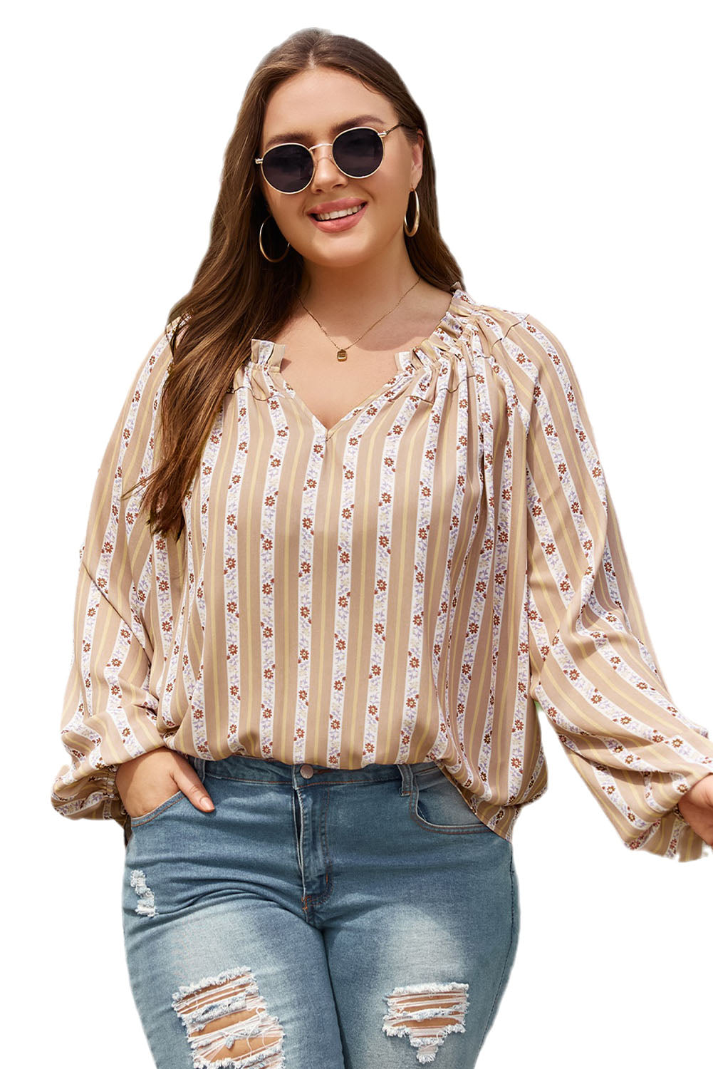 Pink Plus Size Printed Split Neck Blouse