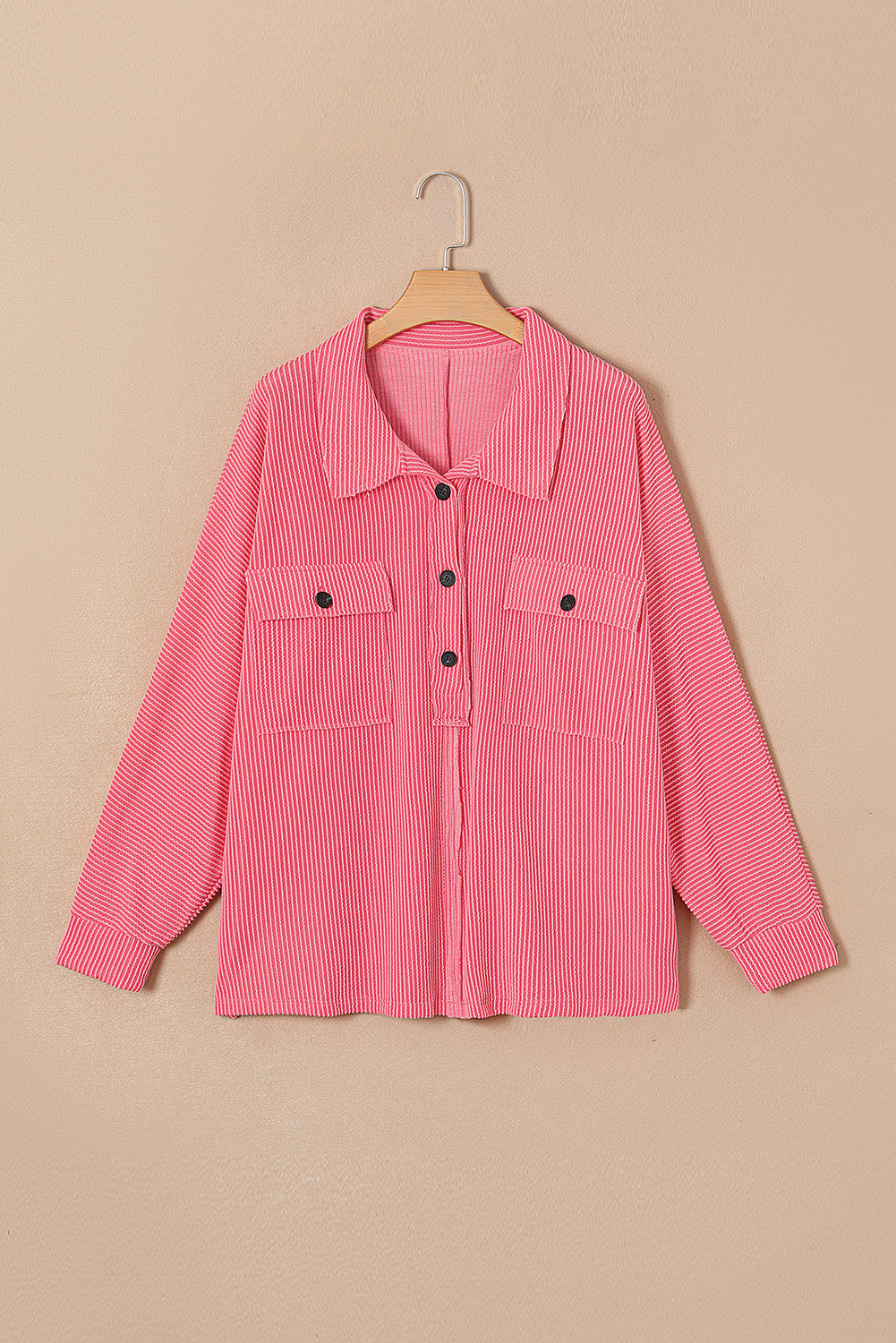 Pink Plus Size Ribbed Pocketed Long Sleeve Henley Top