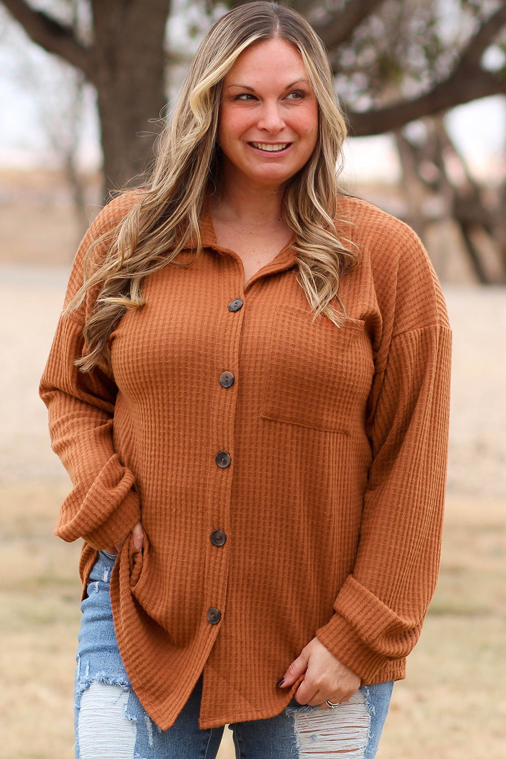 Brown Plus Size Waffle Knit Textured Shacket