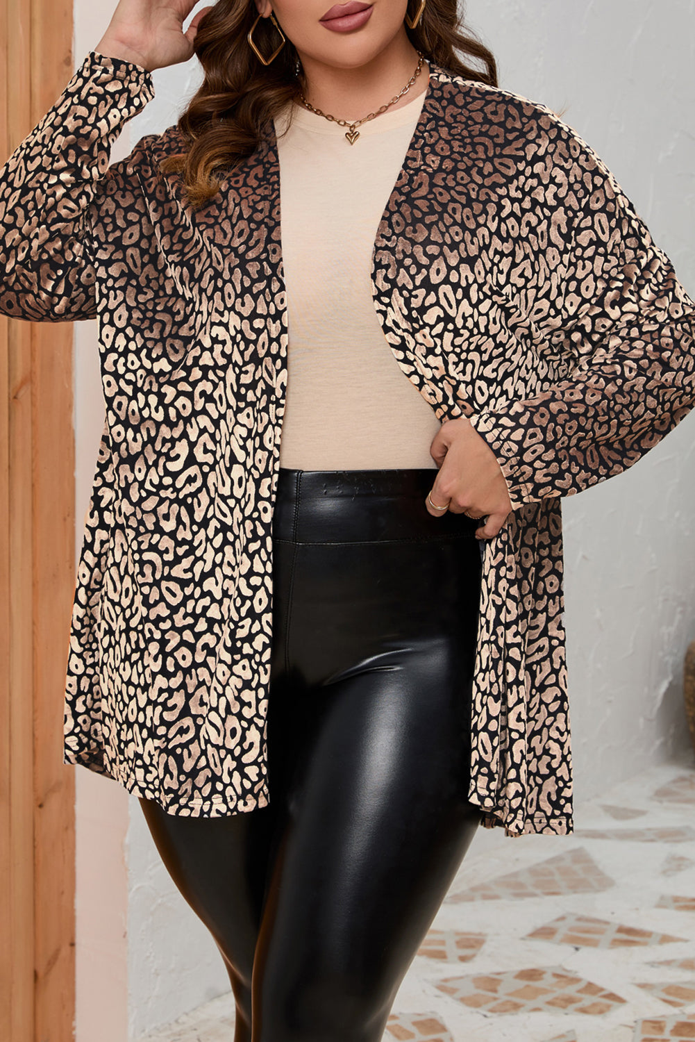 Leopard Print Open Front Plus Size Cardigan