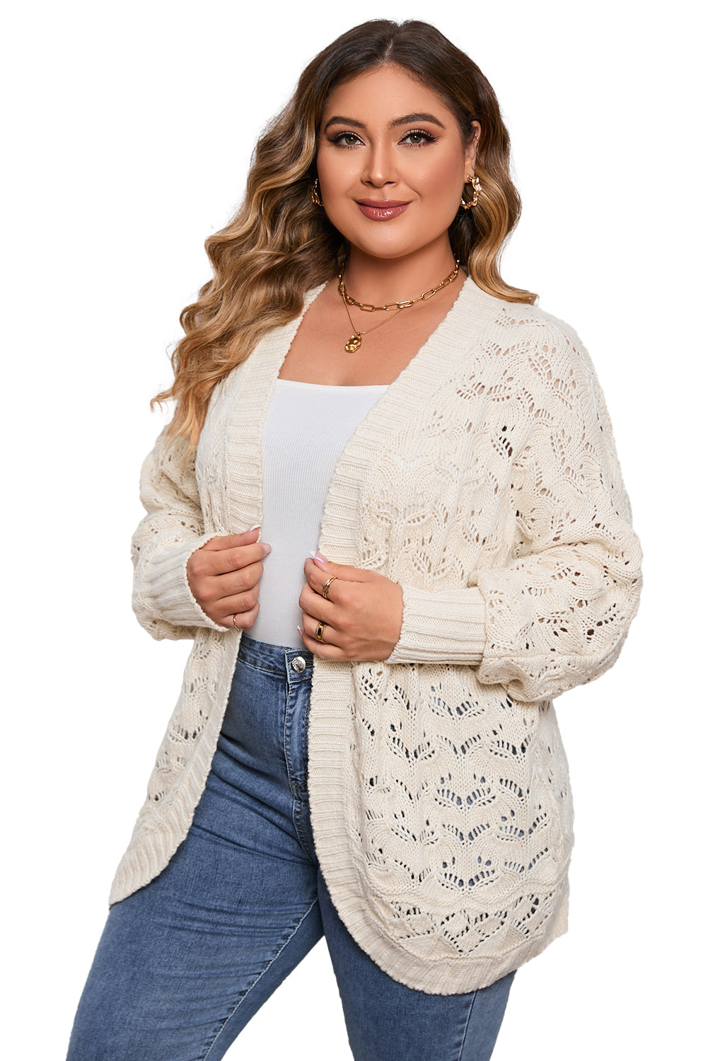 Beige Plus Size Textured Knit Open Ribbed Trim Cardigan