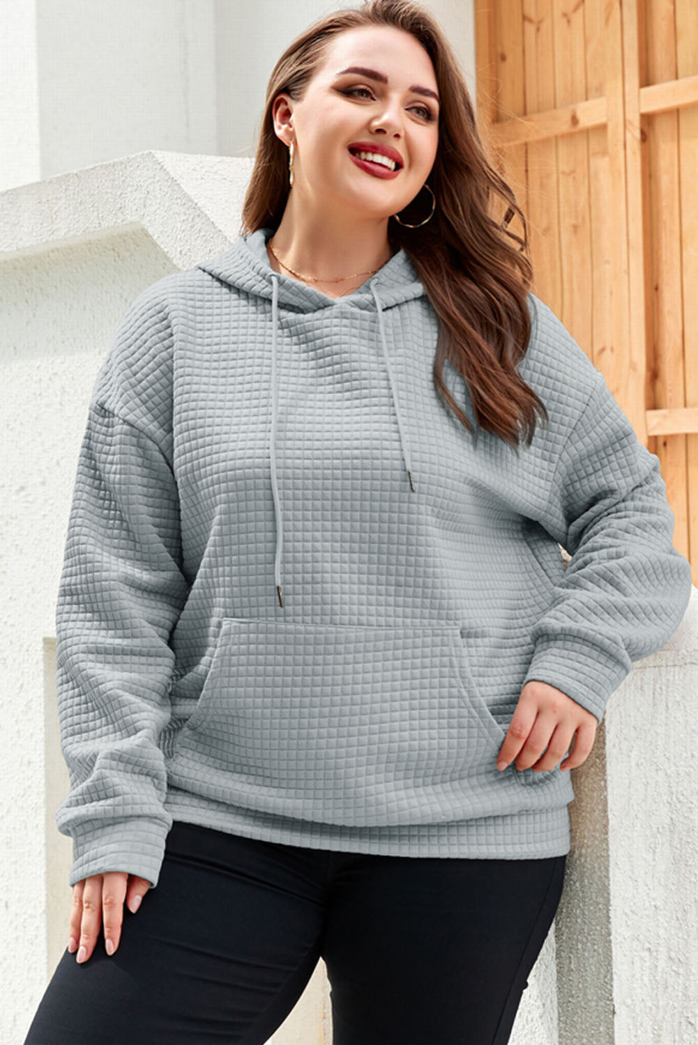 Gray Kangaroo Pockets Quilted Plus Size Hoodie