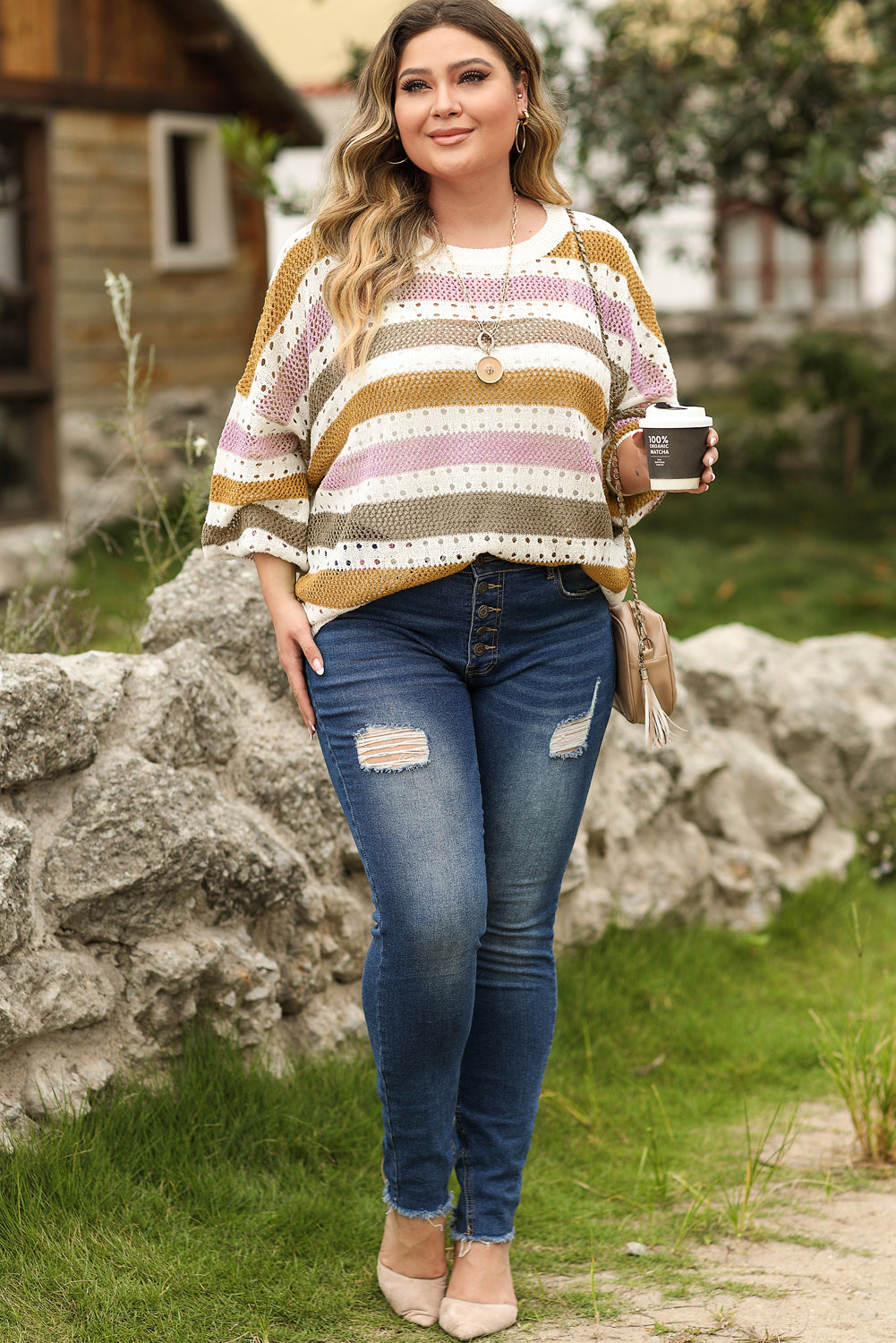 Multicolor Plus Size Striped Hollowed Knitted Loose Sweater