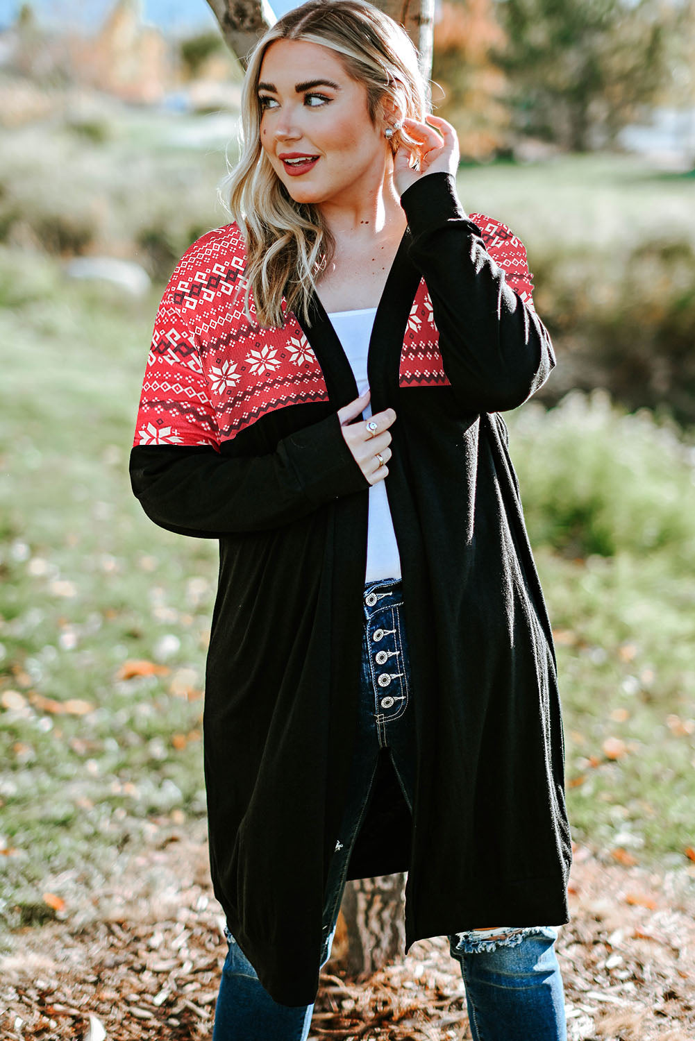 Red Printed Leopard Detail Plus Size Cardigan