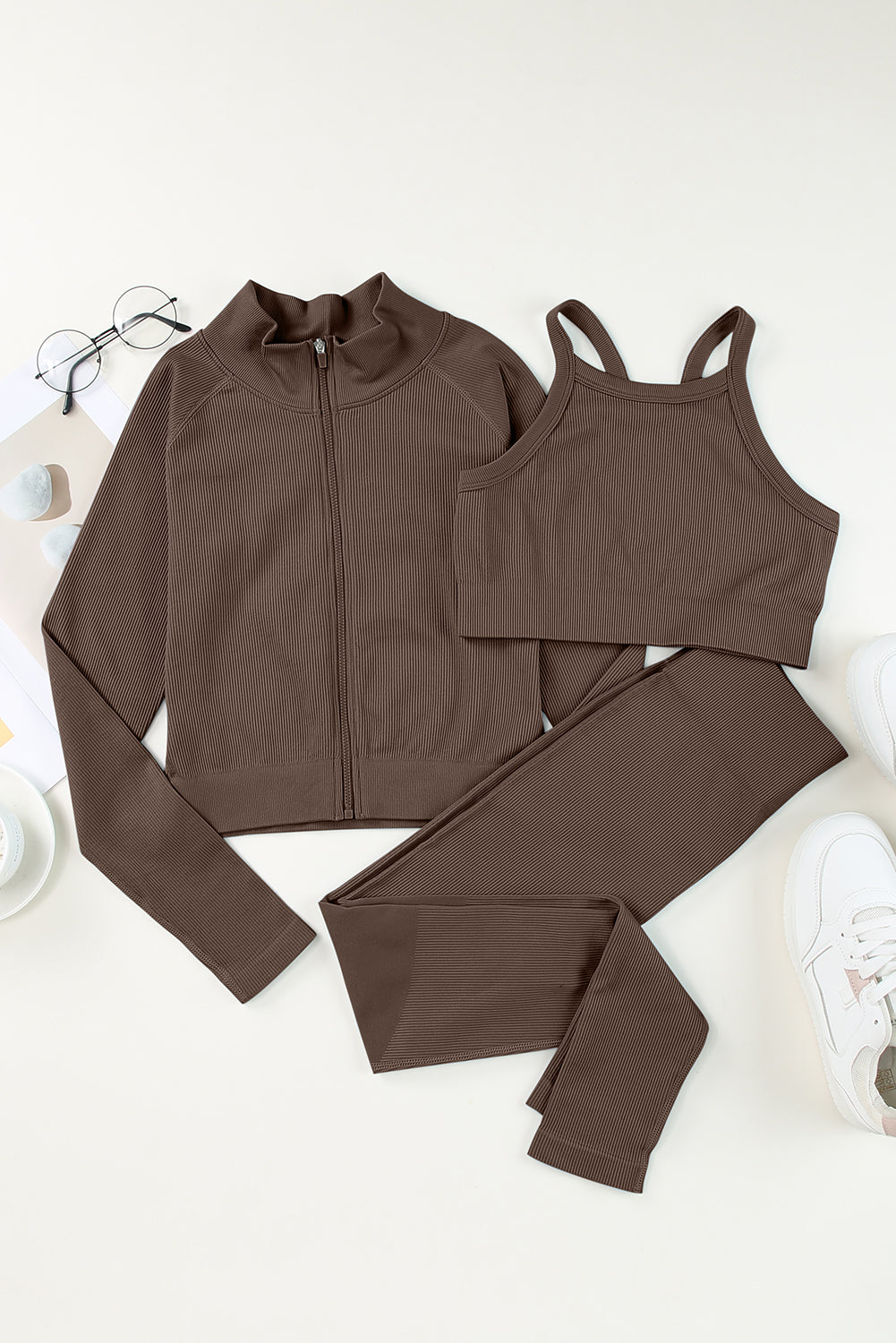 Brown Ribbed Knit 3pcs Sports Set