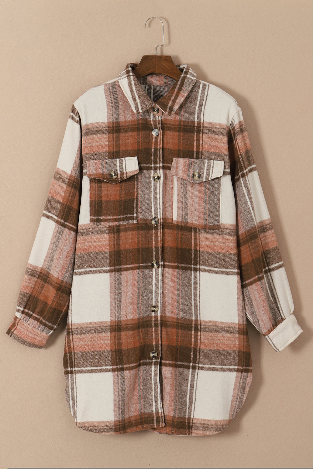 Brown Plus Size Plaid Flap Pockets Shacket