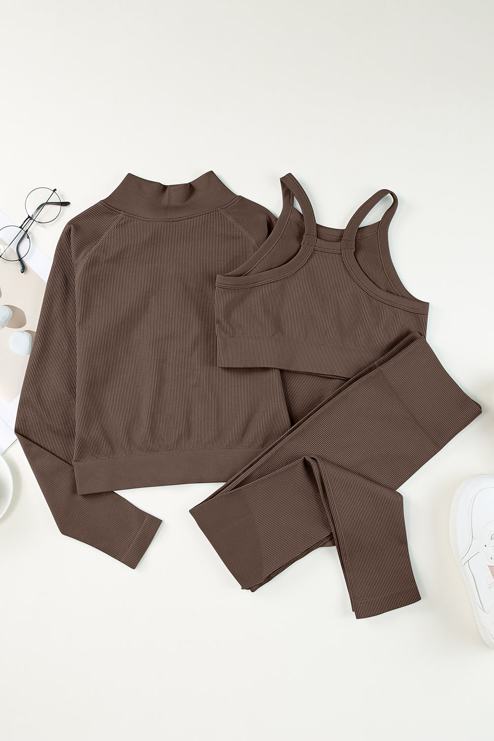 Brown Ribbed Knit 3pcs Sports Set