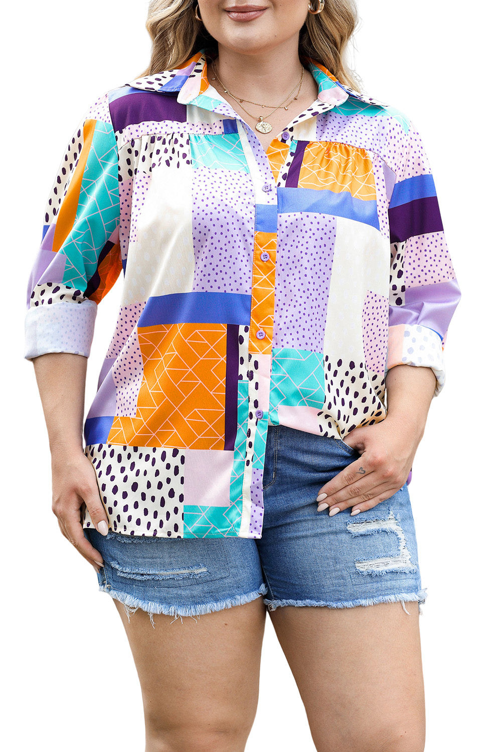 Multicolour Plus Size Mixed Print Buttoned Shirt