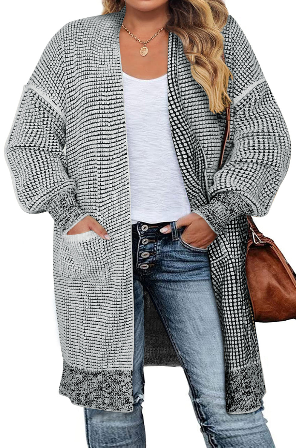 Gray Plus Size Textured Knit Cardigan