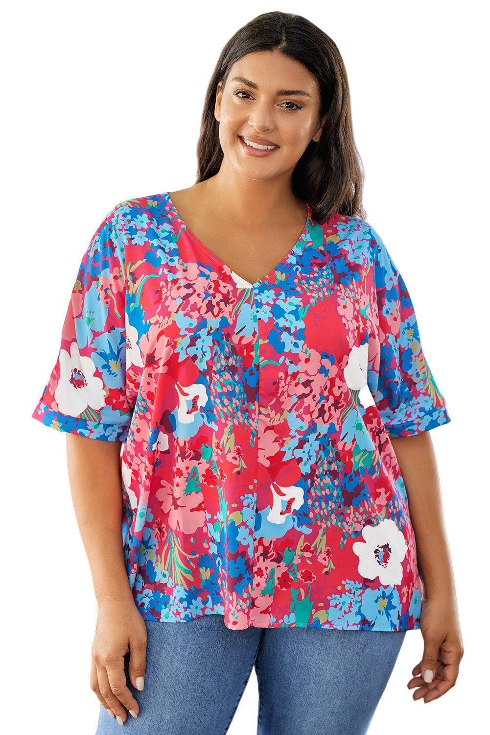 Sky Blue V Neck Dolman Sleeve Plus Size Floral Blouse