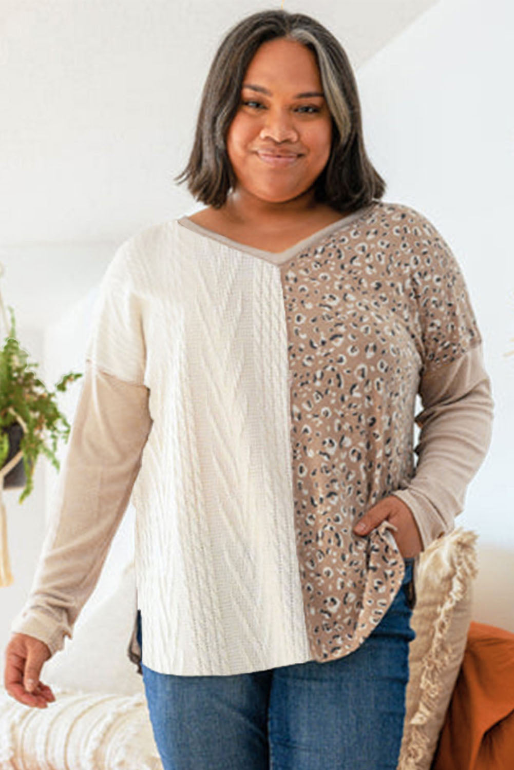 Gray Plus Size Leopard Patchwork Mix Knit Long Sleeve Top