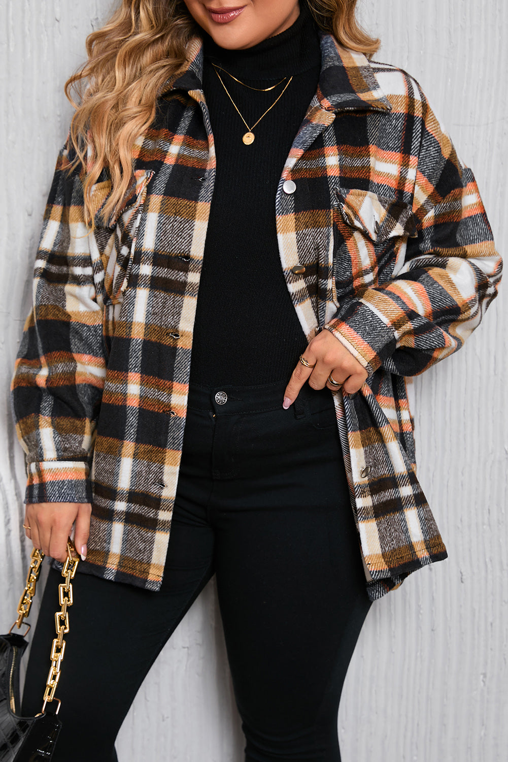 Navy Blue Plus Size Plaid Flap Pocket Shacket