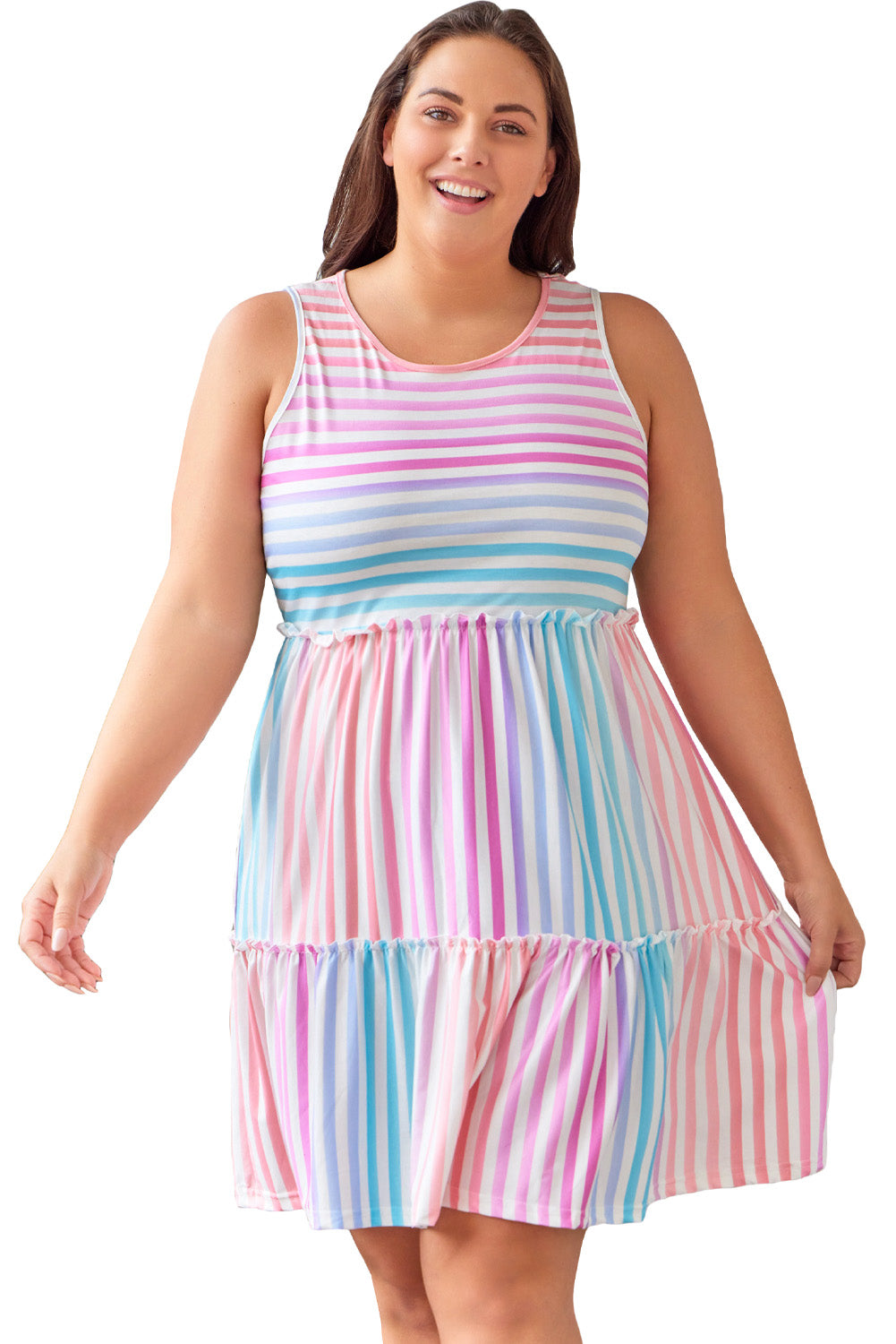 Multicolor Ombre Striped Sleeveless Tiered Plus Size Dress