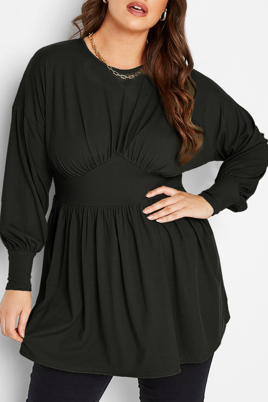 Black Plus Size Ribbed Knit Long Sleeve Tunic Babydoll Top