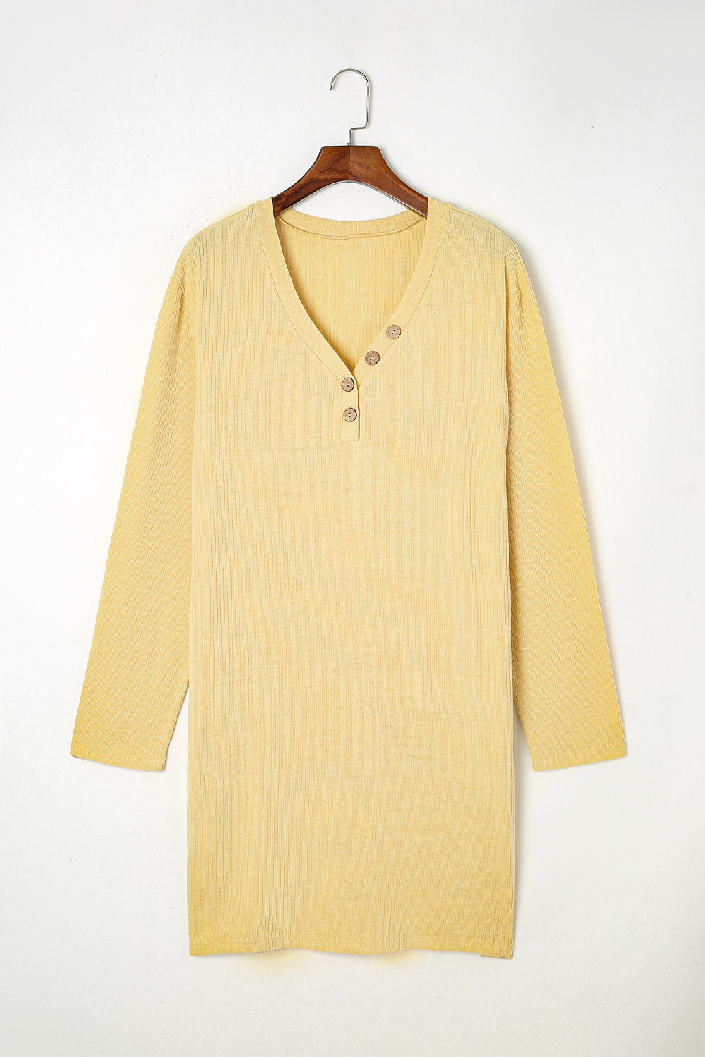 Yellow Plus Size Ribbed Long Sleeve Pocketed Henley Dress