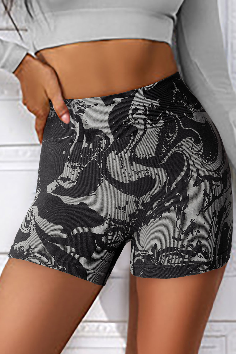 Black Abstract Print Ribbed High Waist Active Bottoms