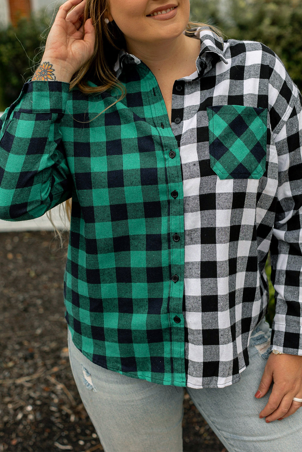 Sea Green Plaid Color Block Buttoned Plus Size Shacket