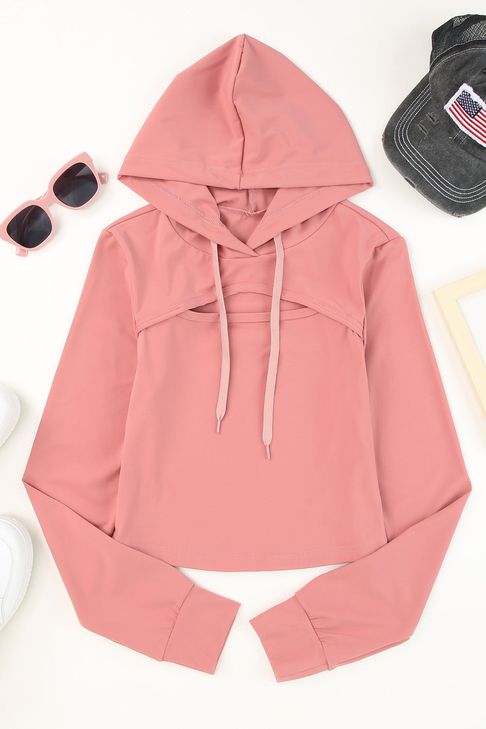 Pink Cutout Cropped Sporty Drawstring Hoodie