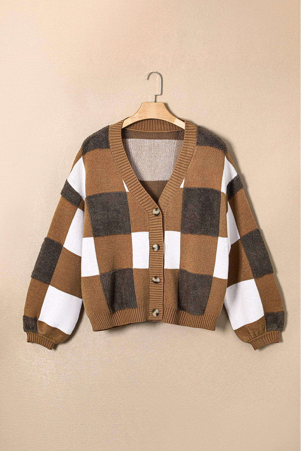 Brown Checkered Knit Ribbed Trim Buttoned Plus Cardigan