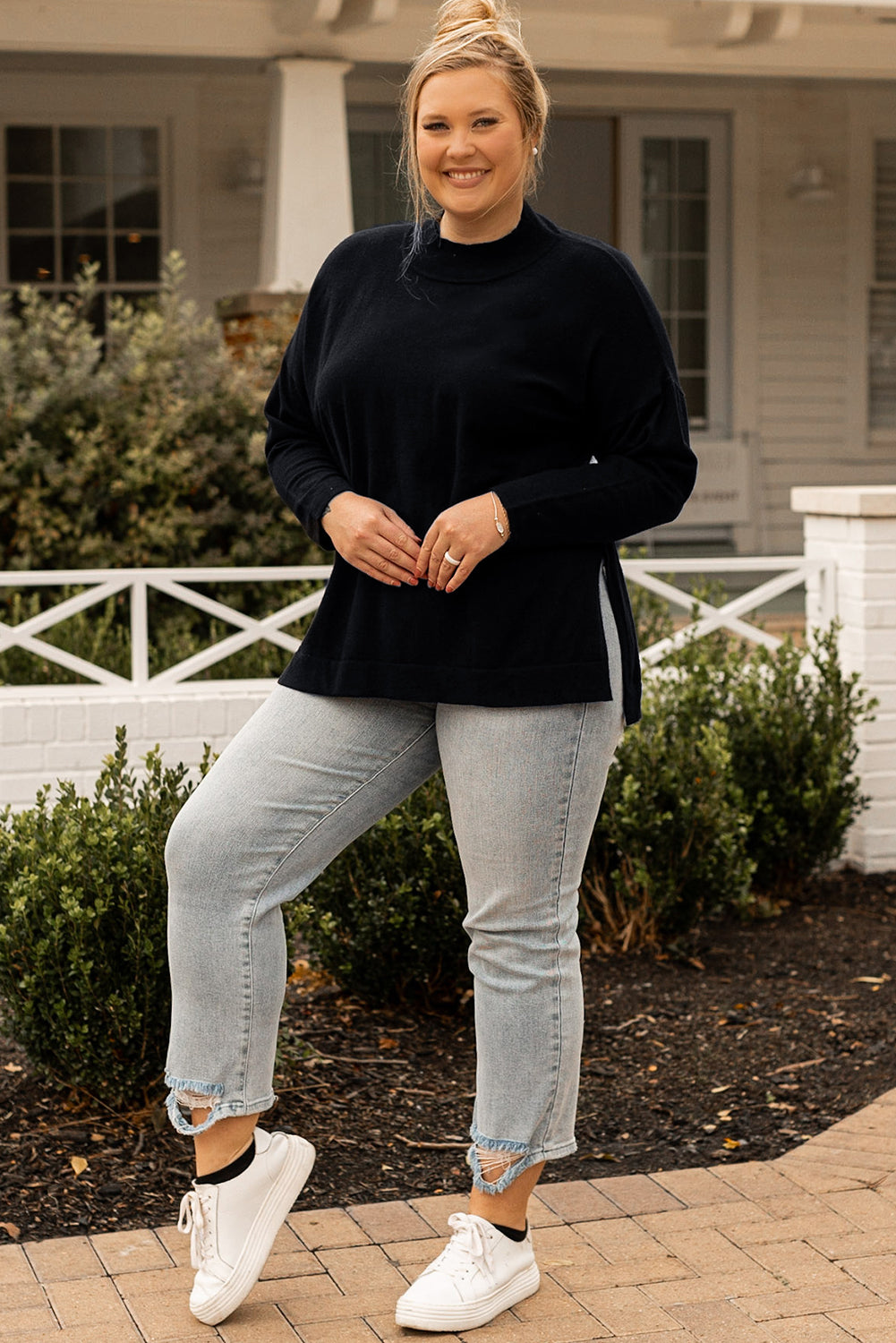 Black Plus Size Side Slits High Neck Loose Sweater