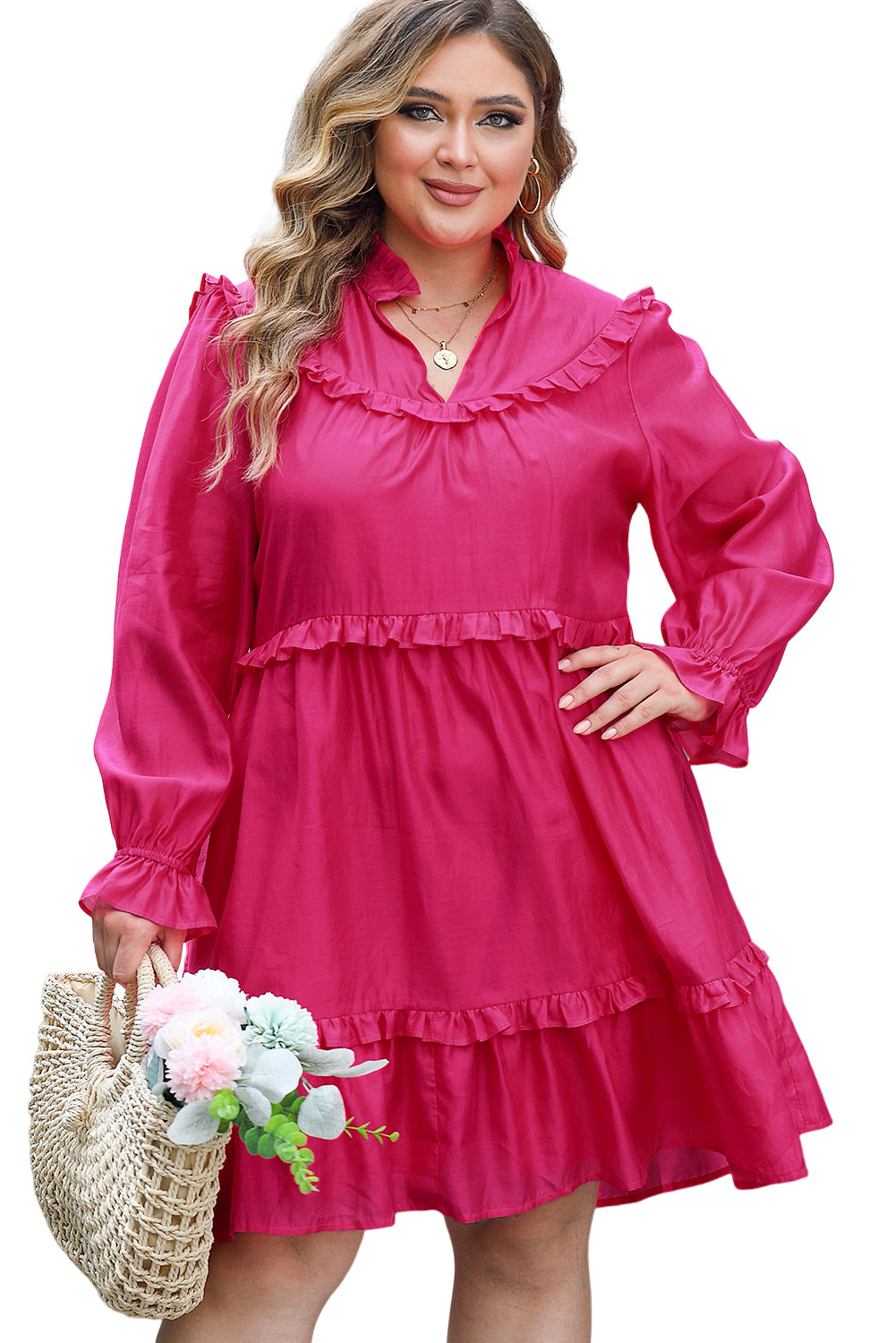 Rose Plus Size Ruffled Bubble Sleeve Dress