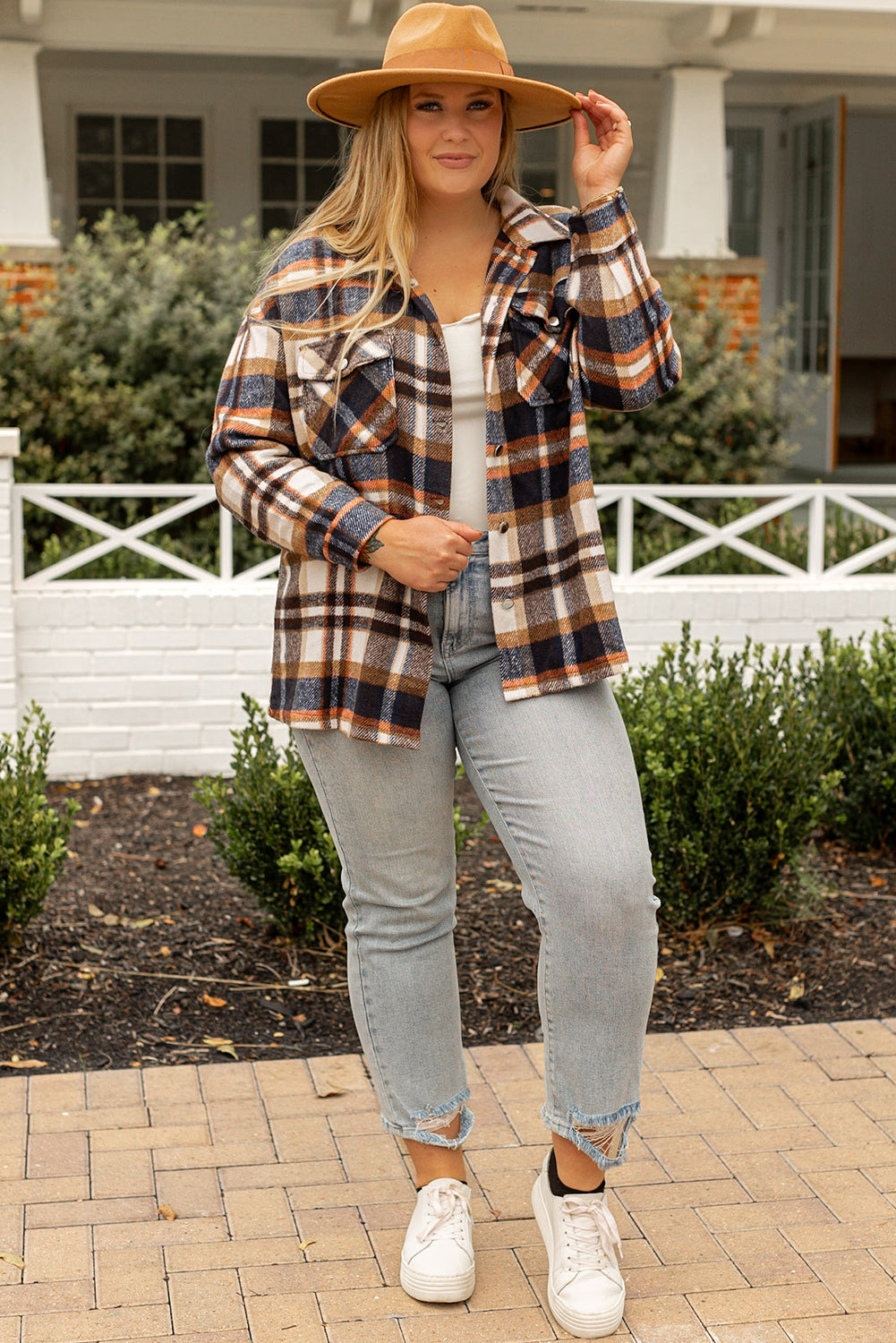 Navy Blue Plus Size Plaid Flap Pocket Shacket