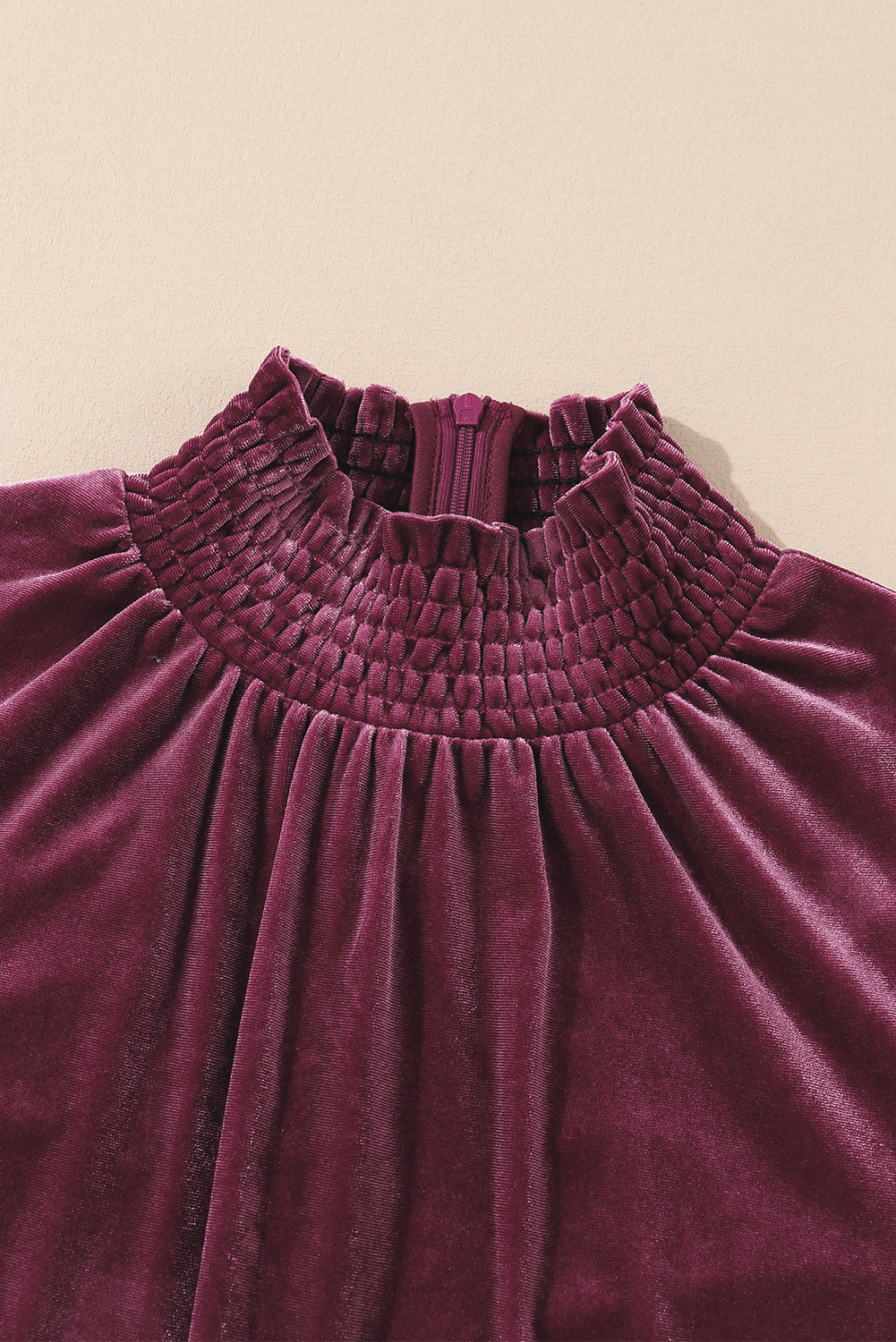 Burgundy Smocked High Neck Flounce Sleeve Velvet Dress