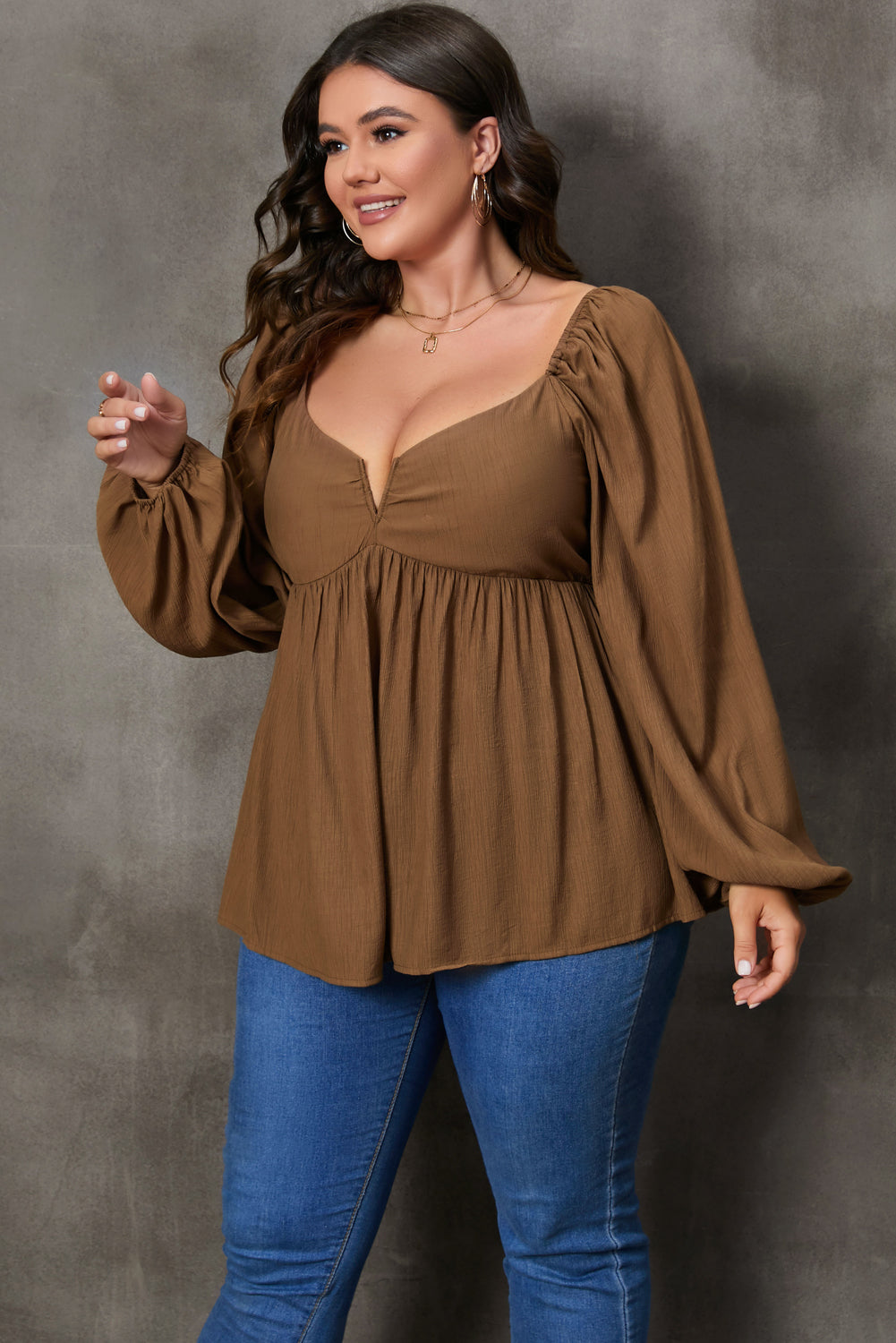 Khaki Plus Size Sweetheart Neck Long Sleeve Peplum Blouse