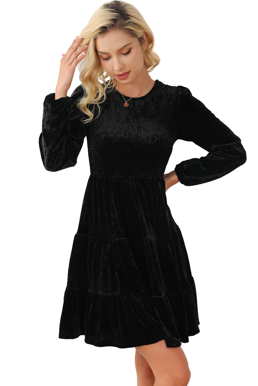 Black Velvet Smocked Puff Sleeve Ruffle Mini Dress