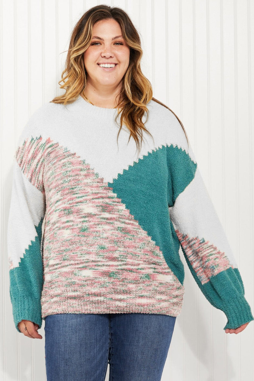 Multicolor Scalloped Color Block Plus Size Sweater