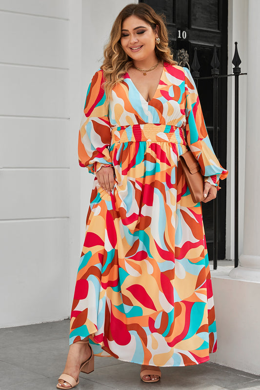 Multicolor Plus Size Abstract Printed Bishop Sleeve Maxi Dress