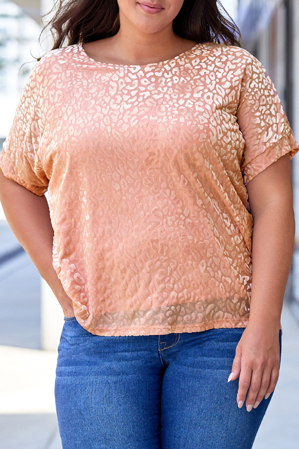 Pink Plus Size Ombre Glitter Leopard T-shirt